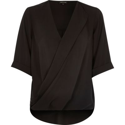 Black wrap front blouse